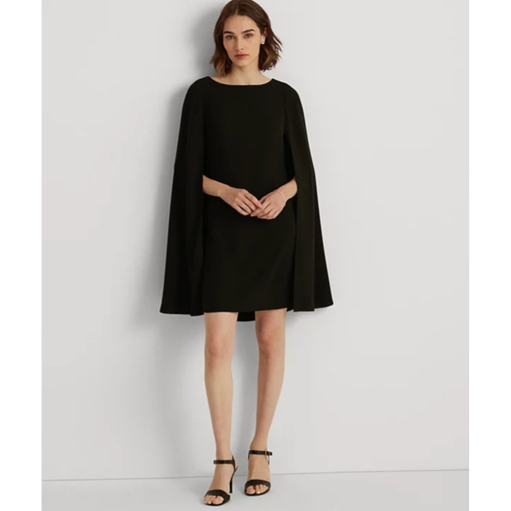 Lauren Ralph Lauren Cape Dress Womens 8 Black Formal Evening $195 NWT